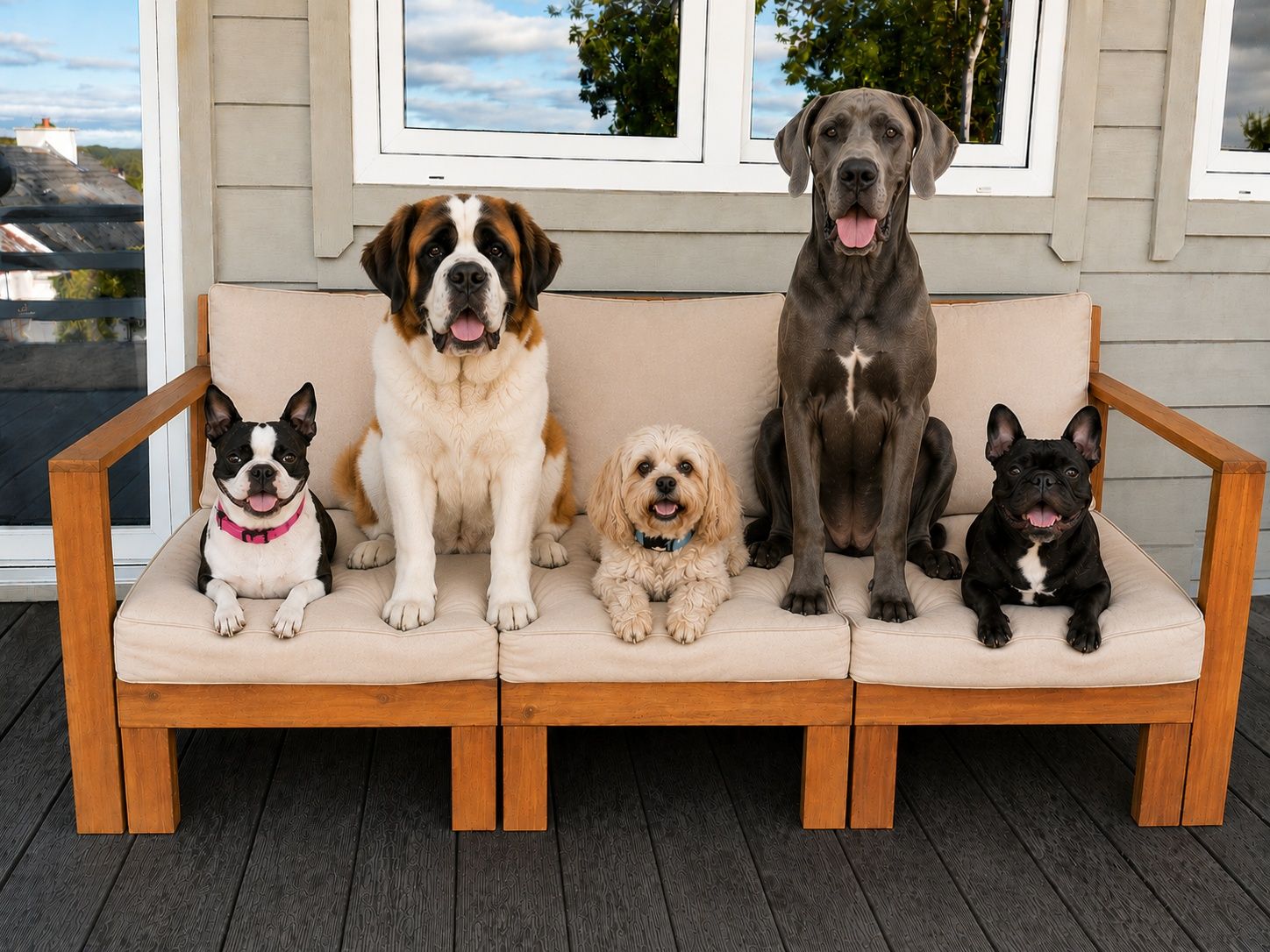 Three guests' dogs resting on the teak bench on Cabin Two's covered deck in evening light