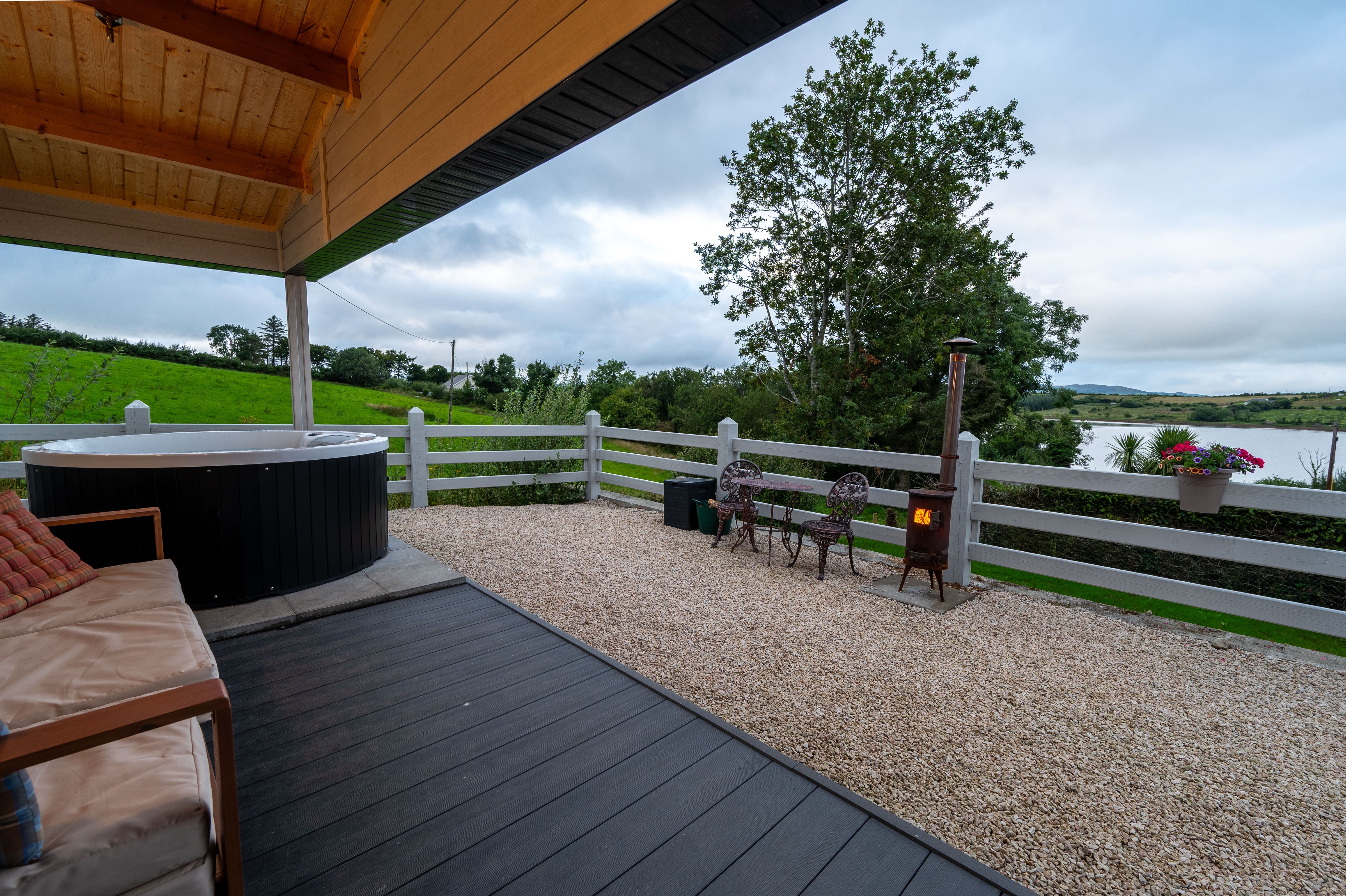 Margaret’s covered hot-tub deck, Mulroy Bay beyond