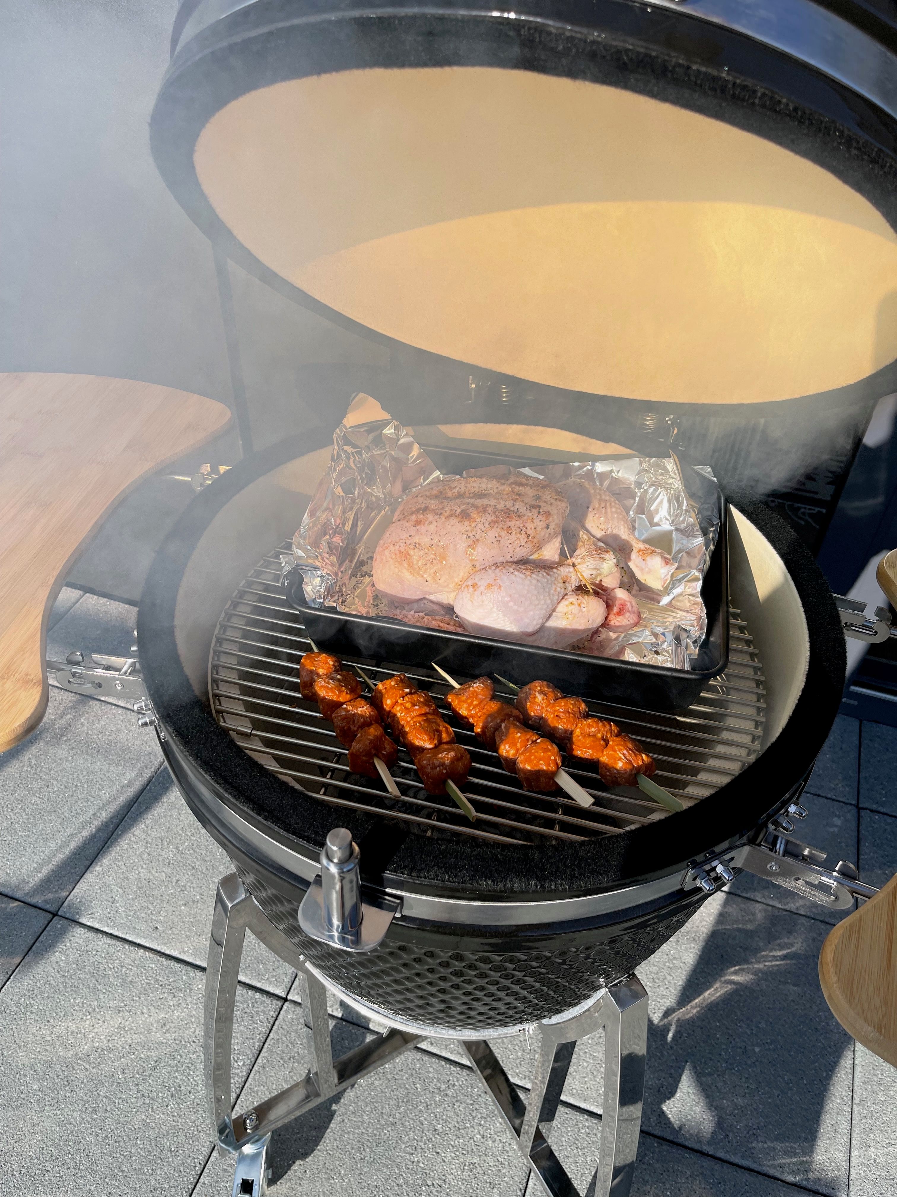 The cottage-garden kamado ceramic-egg BBQ in use, lid up