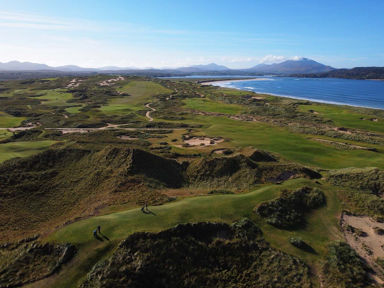 An aerial of St Patrick’s Links, dunes running to the bay