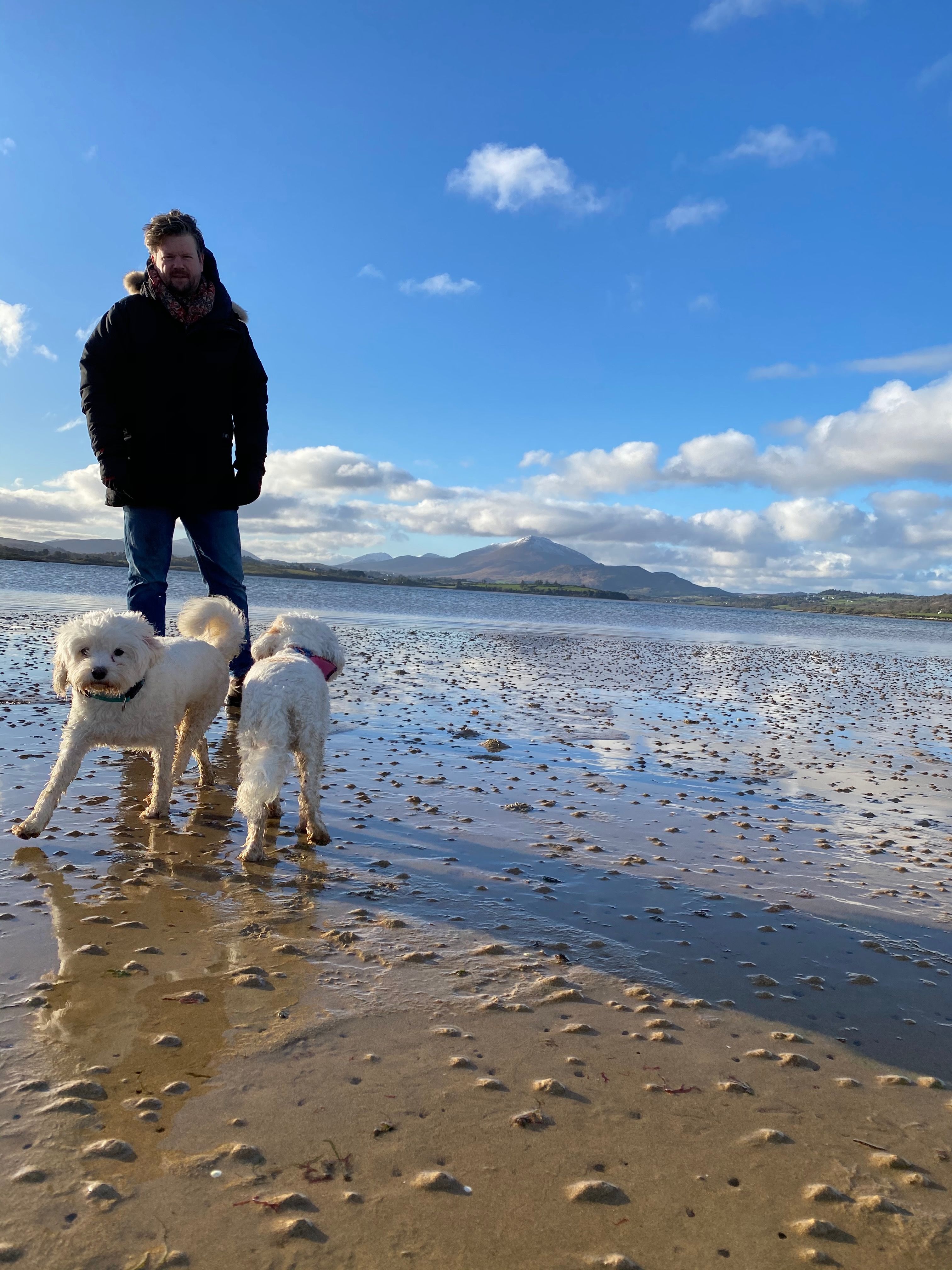 A walk with two dogs on Trá Mór, the local strand at the end of the boardwalk