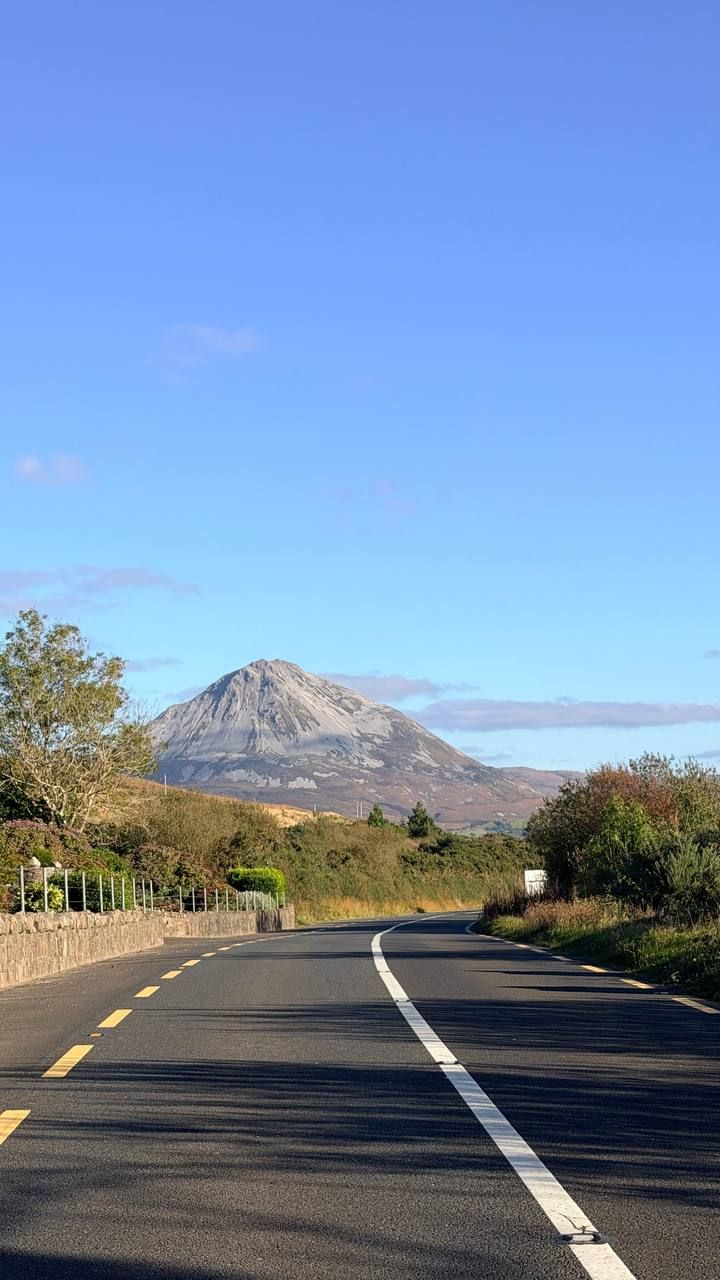 Errigal above heather and a dry-stone wall at the side of an empty road, under a clear blue sky.