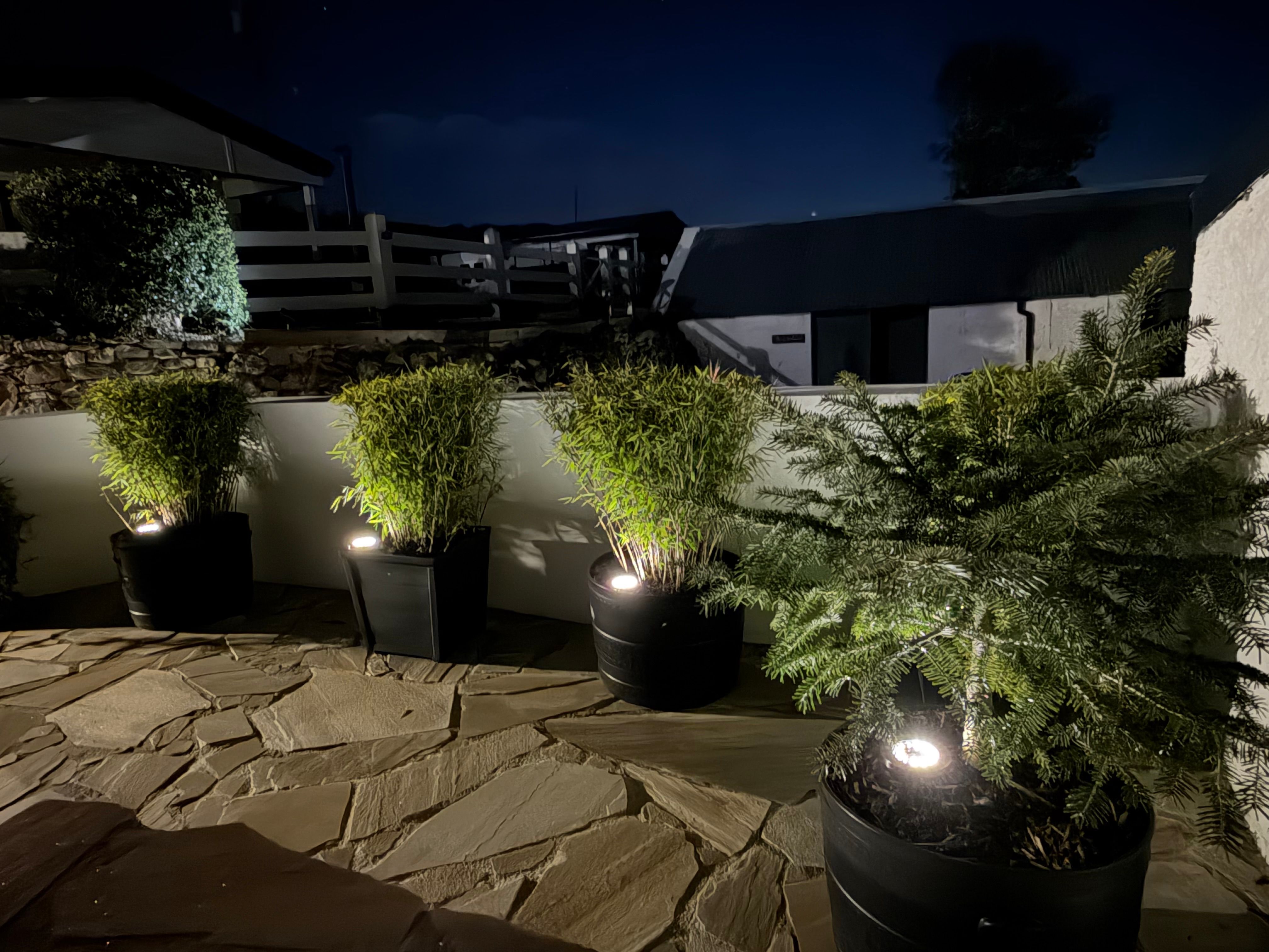 The sauna patio at night, bamboo planters uplit along the rendered wall, looking up to the cabins